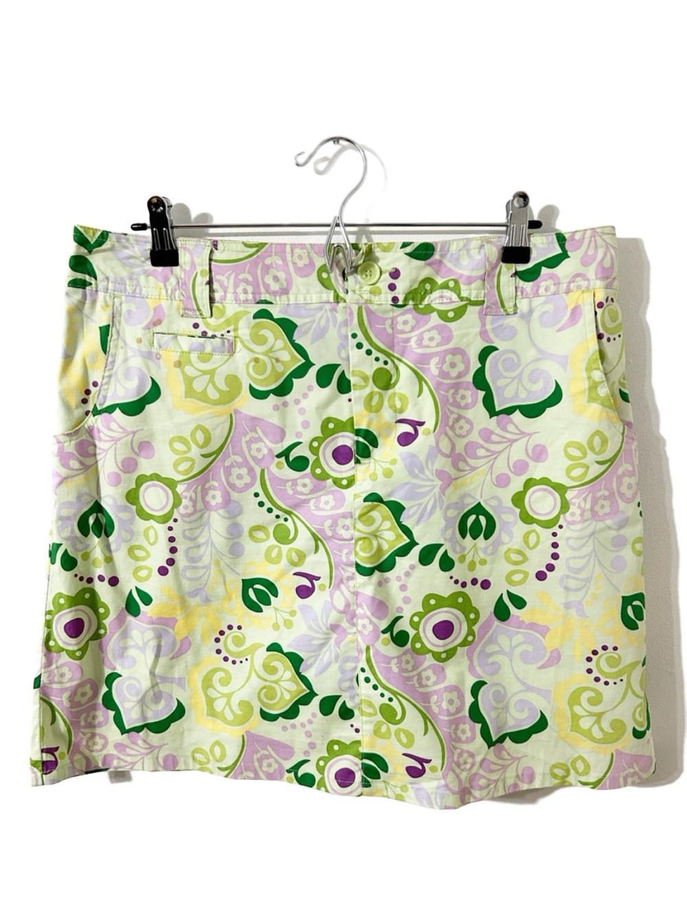 White Stag Women’s Floral Stretch Mini Skirt Green Paisley Retro Print Pockets